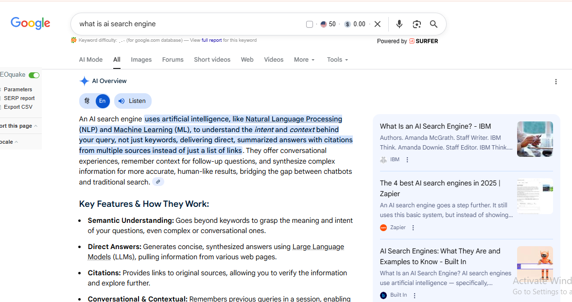 Google results page explaining what an AI-powered search engine is, showing an AI overview with summarized answers and cited sources